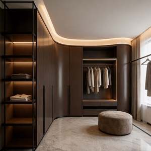 Armario Vestidor Moderno de Lujo Balom con Puertas de Vidrio Curvo, Acabado en Madera Oscura, con Iluminación LED, Diseño Personalizado - Product Image 1