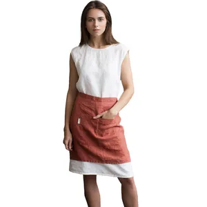 Personalizado LOGOTIPO bordado meia cintura Avental De Linho com bolso para as mulheres 100% Linho Puro Para Cozinha cozinhar Atacado