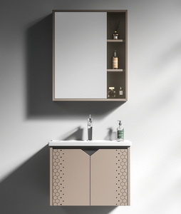 Mueble de baño de tamaño pequeño en tonos cálidos, gabinete con espejo inteligente, lavabo blanco, mueble colgante. - Product Image 3