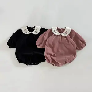 Baju monyet bayi perempuan, Jumpsuit kerah bordir katun lengan panjang bayi balita musim gugur