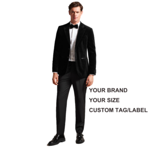 Costume en satin pour <span class=keywords><strong>homme</strong></span> sur mesure ODM 2024, <span class=keywords><strong>blazer</strong></span> en velours <span class=keywords><strong>noir</strong></span> pour marié, coupe ajustée, smoking à deux boutons, pantalon inclus - Product Image 1