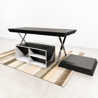 Table de présentation noire avec pieds en X chromés, meuble îlot bas commercial pour vêtements