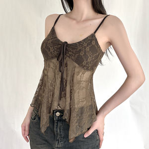 Top sans manches en dentelle verte pour femmes, dos nu, à nouer devant, ample, en forme de A, transparent, court, sexy, chic, chemisier d'été - Product Image 3