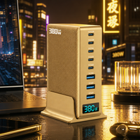 Pengisi Daya GaN 380W 8-Port Stasiun Pengisian Multi-Perangkat, 2xPD100W 3xPD30W 3xUSB-A QC30W, Layar LED, 100-240V, CE UKCA