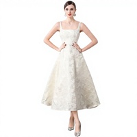 Robe de Soirée Élégante Champagne à Motifs Floraux Jacquard, Col Carré, Bretelles Fines, Coupe Trapèze, Longueur Cheville, Respirante, pour Invitée de Mariage, Personnalisable OEM/ODM