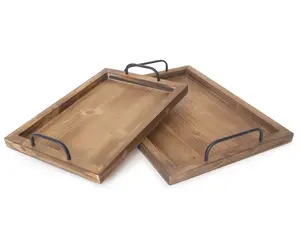 Jogo de bandeja de madeira rústica, conjunto vintage de 2 rolamentos de acácia, retângulo sensorial, bandeja de madeira com alças de metal