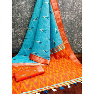 Sari de lino con estampado ikat, corte 6.3, con pieza para blusa. - Product Image 1