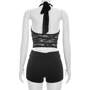 Viviblook J26ST192 Conjunto de verano para mujer, conjunto sexy sin mangas con cuello halter y encaje transparente, pantalones cortos de cintura alta, conjunto de 2 piezas - Product Image 4