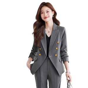 Women's Suit Set Solid Color Polyester Anti-Wrinkle Double Breasted Work Uniform Professional Attire For Office Wear - Product Image 5