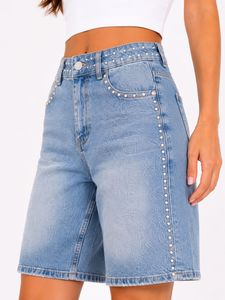 Gonna a tubino in denim a vita alta con dettagli rivetti, in cotone lavato, casual per l'estate - Product Image 4