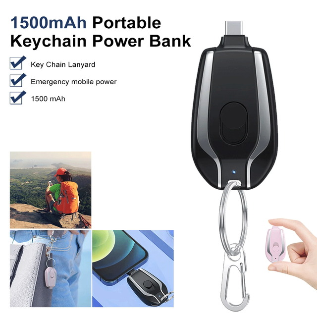 Portable High Capacity Mini Keychain Power Bank Emergency Pod Charger 1300mAh Quick Charge Type-C for Phone Outdoor Use