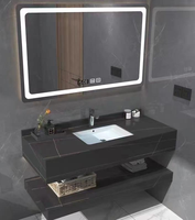Meuble-lavabo mural moderne personnalisé avec miroir et comptoir, finition noire durable, marbre écologique de haute qualité