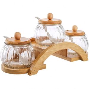 Factory Direct Bamboo High Quality <b>Kitchen</b> Shelf Rack Tiered Bamboo Spice Racks With Glass Jar - Product Image 1