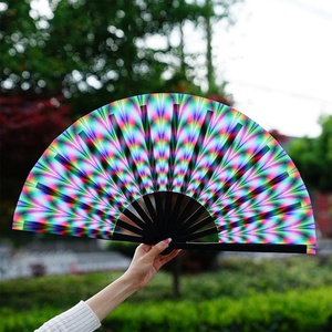Black Ribs Hand Held Folding Fabric Fans 33cm Large Hand Fan With Custom Logo Printed - Product Image 4