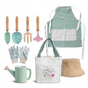 Kit d'outils de jardinage pour enfants 4/6/9 pièces, manches en bois, composants métalliques, arrosoir, sac de transport, chapeau - Personnalisable OEM - Product Image 1