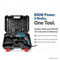 Marteau perforateur rotatif professionnel SDS Plus 800W avec fonction 360° °   Poignées, embouts et ciseaux dans un étui moulé par soufflage
