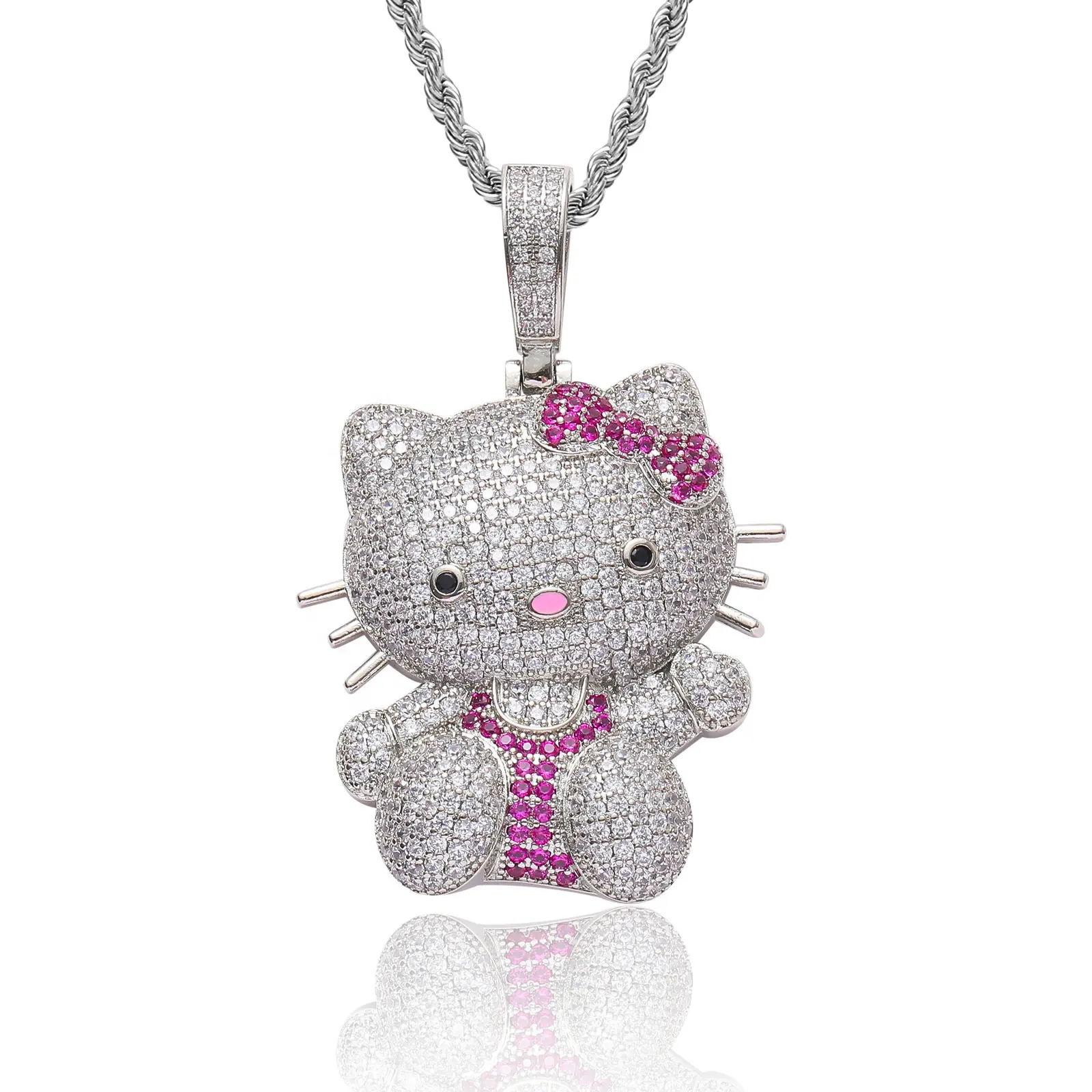 Hiphop placcato oro CZ Iced Out kitty cat gioielli ciondolo diamante gioielli personalizzati collana di cristallo ciondolo