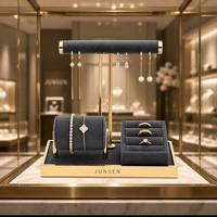 JUNSEN Ensemble de présentoirs à bijoux de luxe en velours avec base en métal doré, support en T pour boucles d'oreilles, porte-bracelets, plateau à bagues, vitrine, vente en gros, personnalisable