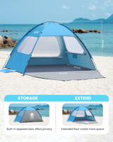 Tenda Pantai Anti Air UPF50+ Desain Luas untuk 3-4 Orang, Cocok untuk Aktivitas Luar Ruangan