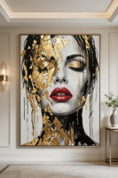 Peinture à l'huile sur toile abstraite moderne originale, faite à la main, avec feuille d'or, portrait, taille personnalisée, cadre en bois, art décoratif pour salon