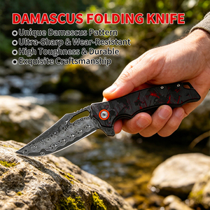 Cuchillo de Damasco con Certificación BSCI, Hoja de Damasco, Mango de Fibra de Carbono, Cuchillo Plegable Táctico para Campamento, Supervivencia y Uso Diario - Product Image 6