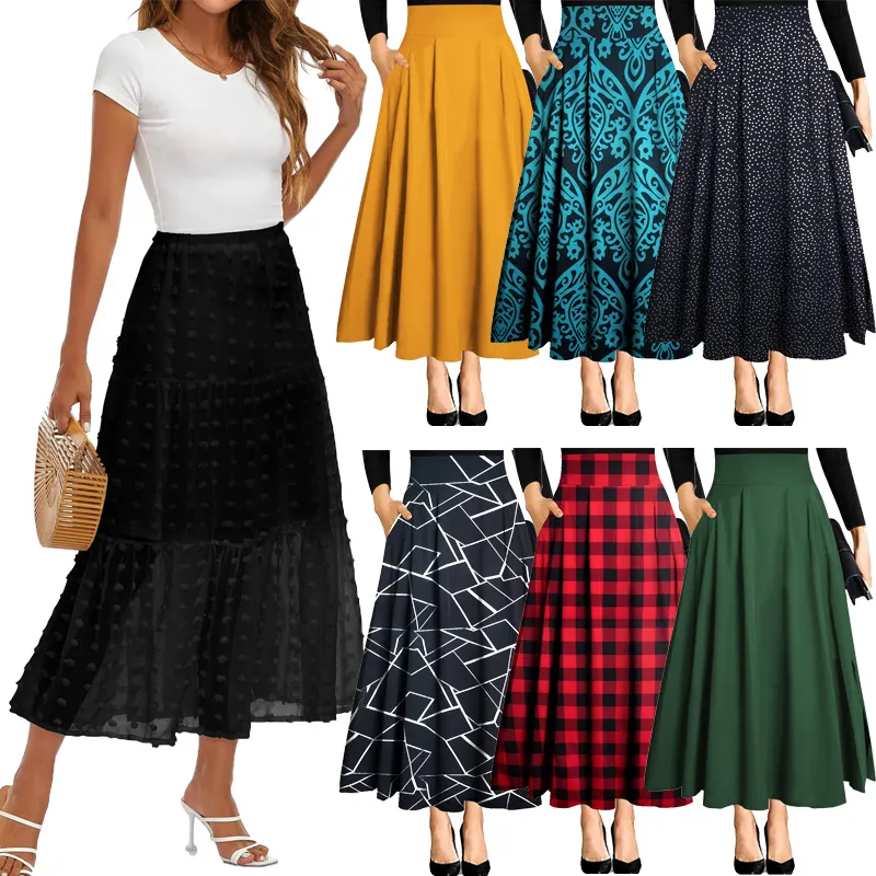 Ladies Plus Size Floor-Length Skirts Women Printed A Line Skirts Women High Waist Long Skirts