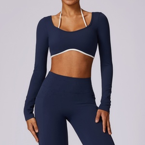 Women's Elastic Long Sleeve Yoga <strong>Legging</strong> and Tops Set Solid Pattern Quick Dry Size XL Spandex Material <strong>Cropped</strong> V Cut - Product Image 5