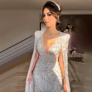 宁静的希尔阿拉伯银美人鱼斗篷袖子串珠晚礼服奢华礼服2024为女性婚礼派对LA72239