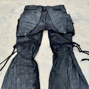 Celana Cargo Pria Model Low Rise Flare, Hitam Acid Washed Distressed dengan Ritsleting, Tali Rumbai, Ujung Berjumbai, Gaya Y2K Grunge Punk Streetwear - Product Image 2