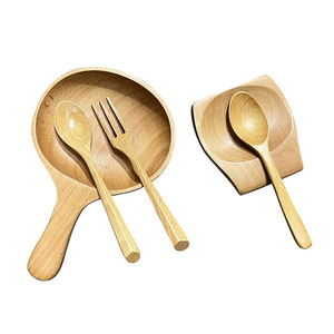 Bol à salade en bois de hêtre avec fourchette, cuillère et repose-cuillère en bois pour hôtel, café, thé, usage enfant - Product Image 1