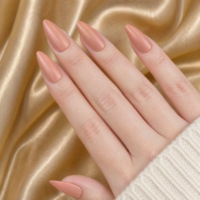 Faux ongles à presser personnalisés nude, longs, forme amande, couleur unie, gel brillant pêche beige, en ABS, vente en gros OEM