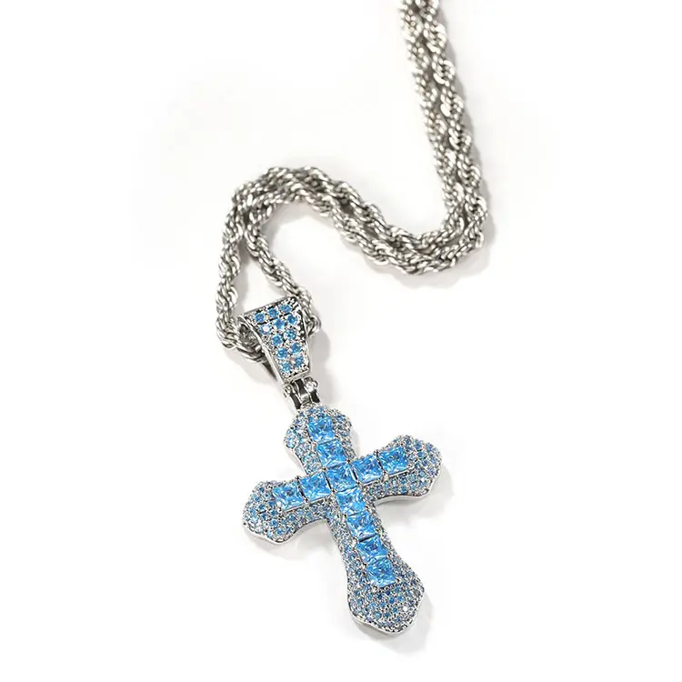 C080 Fashion Jewelry Hip Hop Blue Red Cross Pendant Necklaces Stainless Steel Chain Zircon Cross Pendent Necklace