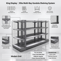 Étagères modulaires robustes en métal couleur anthracite pour magasins de proximité, gondoles double face à dos grillagé, présentoirs de vente au détail multi-baies