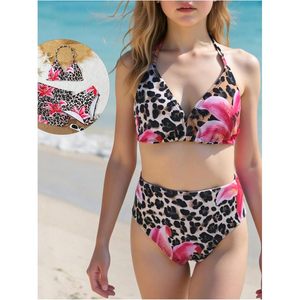 FOXA Ensemble bikini 3 pièces léopard pour fille, maillot de bain triangle à bretelles florales avec jupe de plage, extensible, en spandex et polyester - Product Image 2