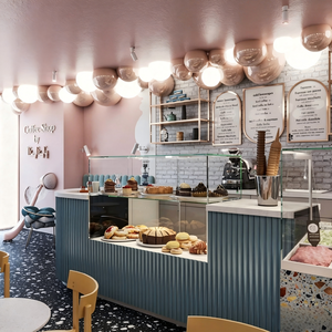 Muebles Modulares de Lujo Personalizados para Cafetería y Pastelería, Diseño de Tienda de Café con Mostradores Curvos, Iluminación LED y Asientos de Terciopelo - Product Image 4