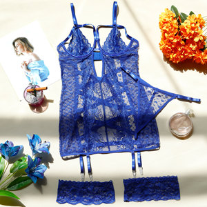 Sexy Hollow Out Ultra-thin Lace Perspective Lingerie Set Hot Sell Open Crotch Bra Brief Set - Product Image 5