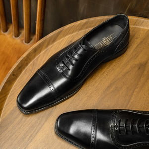 Men's Brown Genuine Leather Square Toe Oxford Dress Shoes Lace-Up All Seasons Solid Pattern Embossed <b>Insole</b> Drop Shipping - Product Image 4