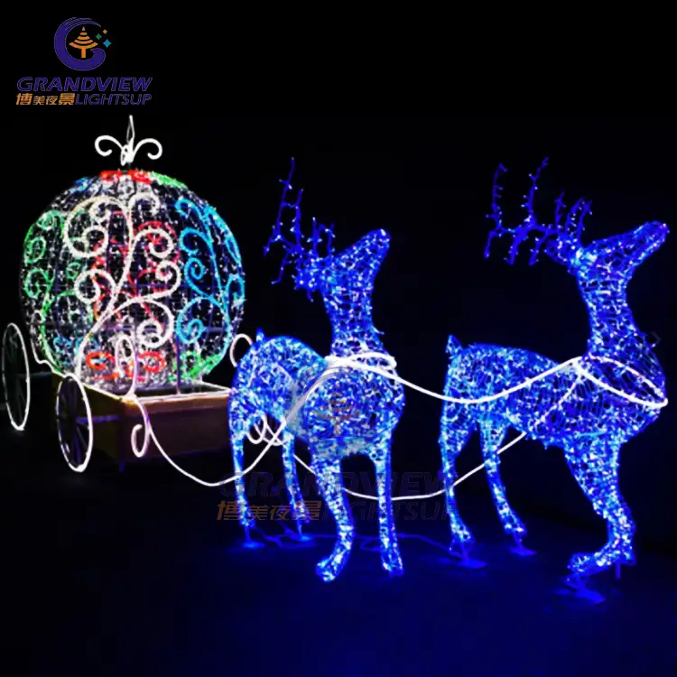 Grandview Christmas Lights Outdoor Iron Frame 3D Large Reindeers With Sleigh Led Santa Holiday Lights