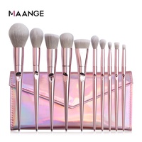 MAANGE Lot de 10 pinceaux de maquillage végétaliens avec logo personnalisé dans une pochette en PVC pour sac à cosmétiques Bling Glitter Pink Private Label Set de pinceaux de maquillage