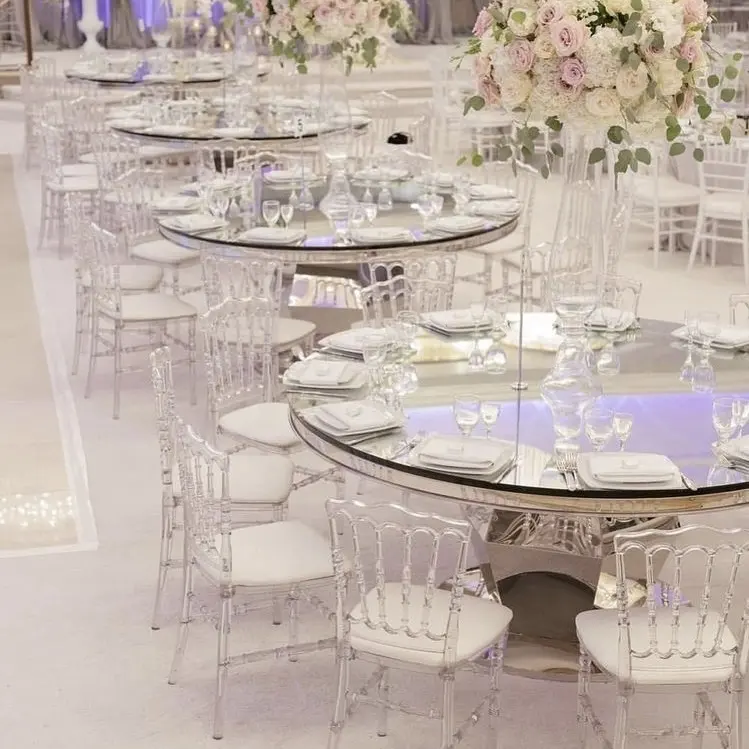 Mesa de comedor de acero inoxidable para eventos modernos, mesa superior de vidrio Marblr, banquete de boda barato