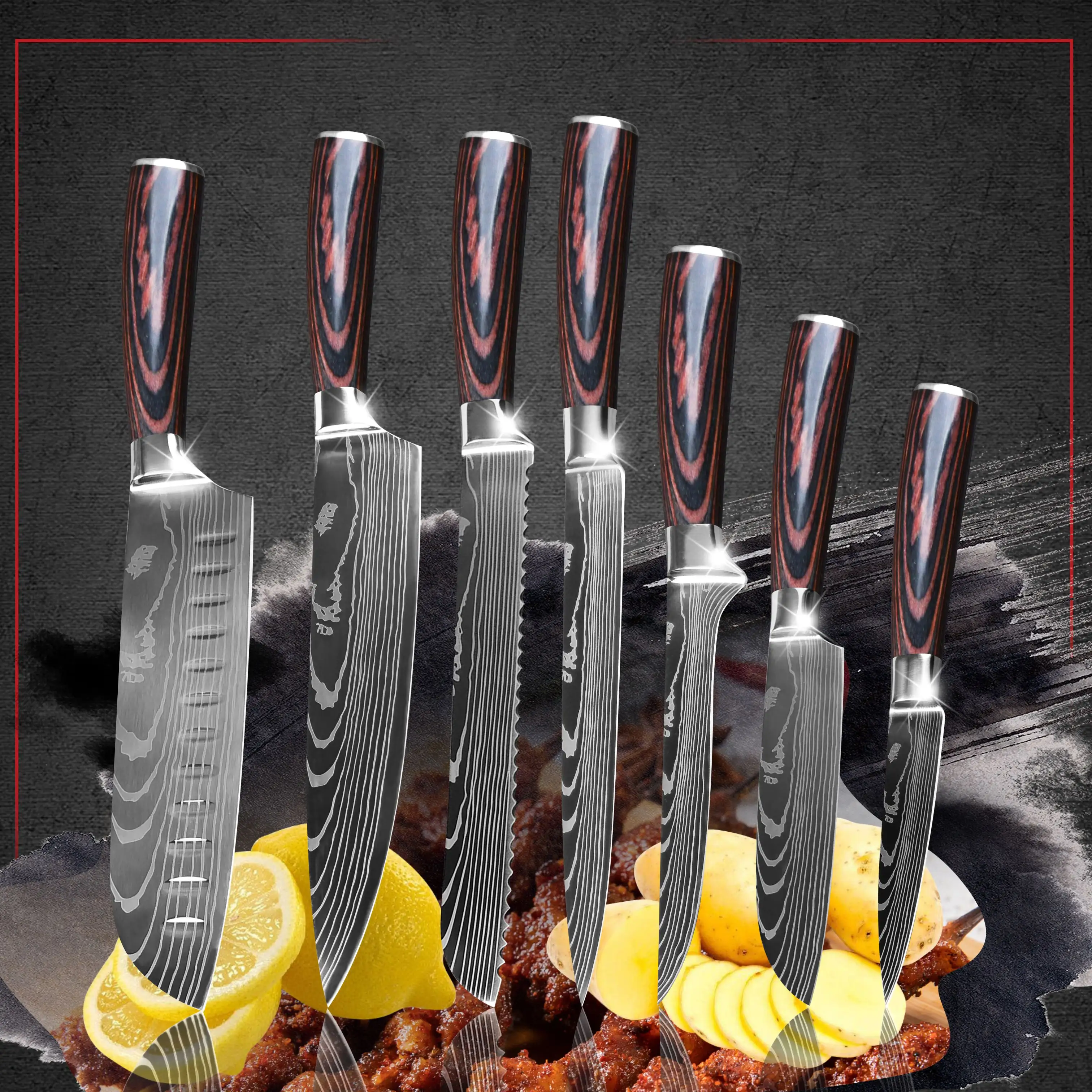 Regalos de cocina 8 pulgadas patrón de Damasco Acero inoxidable Oem Logo cocina Chefs mango de madera cuchillo de Chef japonés