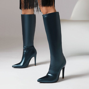 Bottines à talon aiguille en cuir brillant, style long jusqu'aux cuisses, pour femmes et dames - Product Image 4