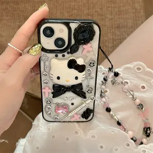 3d-cherry casing ponsel Hello Kitty, cocok kartun manis Kt gelang kucing untuk Iphone15 Pro Max casing ponsel penutup belakang Tpu