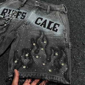 Diznew ดีไซเนอร์กางเกงยีนส์ rhinestone กางเกงขาสั้นสำหรับผู้ชายที่ล้างกรดสีดำ streetwear กางเกงขาสั้นประดับเพชร - Product Image 4