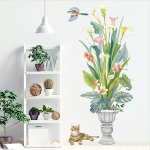 สติกเกอร์ติดผนังรูปนกและ<span class=keywords><strong>แมว</strong></span>,วอลล์เปเปอร์ลายดอกไม้สีสันสดใสพร้อมใบไม้สีเขียวสำหรับตกแต่งบ้านห้องนั่งเล่นห้องนอน - Product Image 4