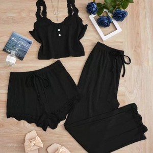 Nouveaux ensembles de pyjamas d'été 3 pièces pour femmes 2025 – Débardeur, short et pantalon unis avec empiècements en dentelle pour la maison – Ensembles de nuit sexy - Product Image 5