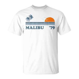 T-shirt de plage vintage Malibu '79, design rétro avec palmiers et soleil - Product Image 1