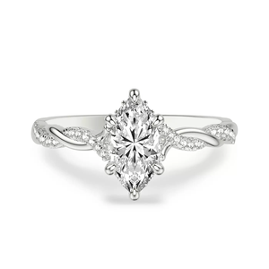 Anillo de compromiso de oro de 14 quilates con diamante marquesa cultivado en laboratorio, certificado IGI, joyería para mujer, con tallo en espiral infinito y diamantes pavé laterales. - Product Image 1