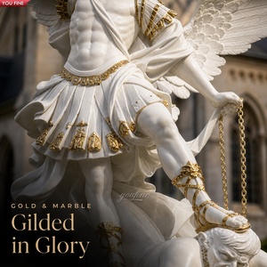 YOUFINE Statue de Saint Michel Archange en marbre blanc sculptée à la main avec sculpture d'ange guerrier doré pour église et jardin - Product Image 3