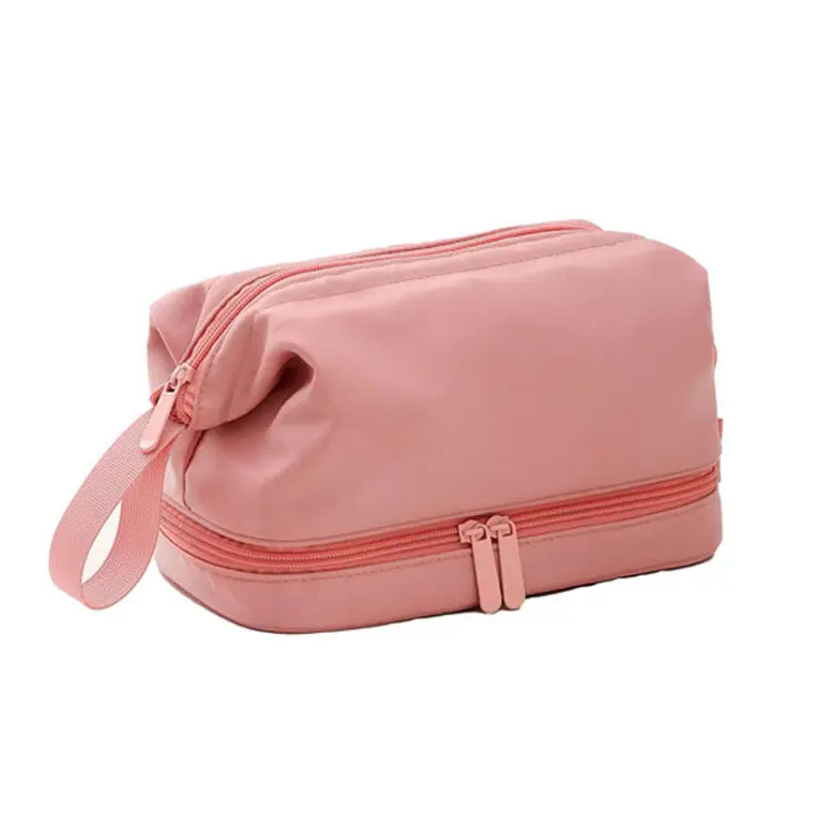 अभिनव डिजाइन सोल्फ़ निविड़ अंधकार डबल परत गुलाबी पॉलिएस्टर Foldable कॉस्मेटिक बैग के साथ ब्रश आयोजक